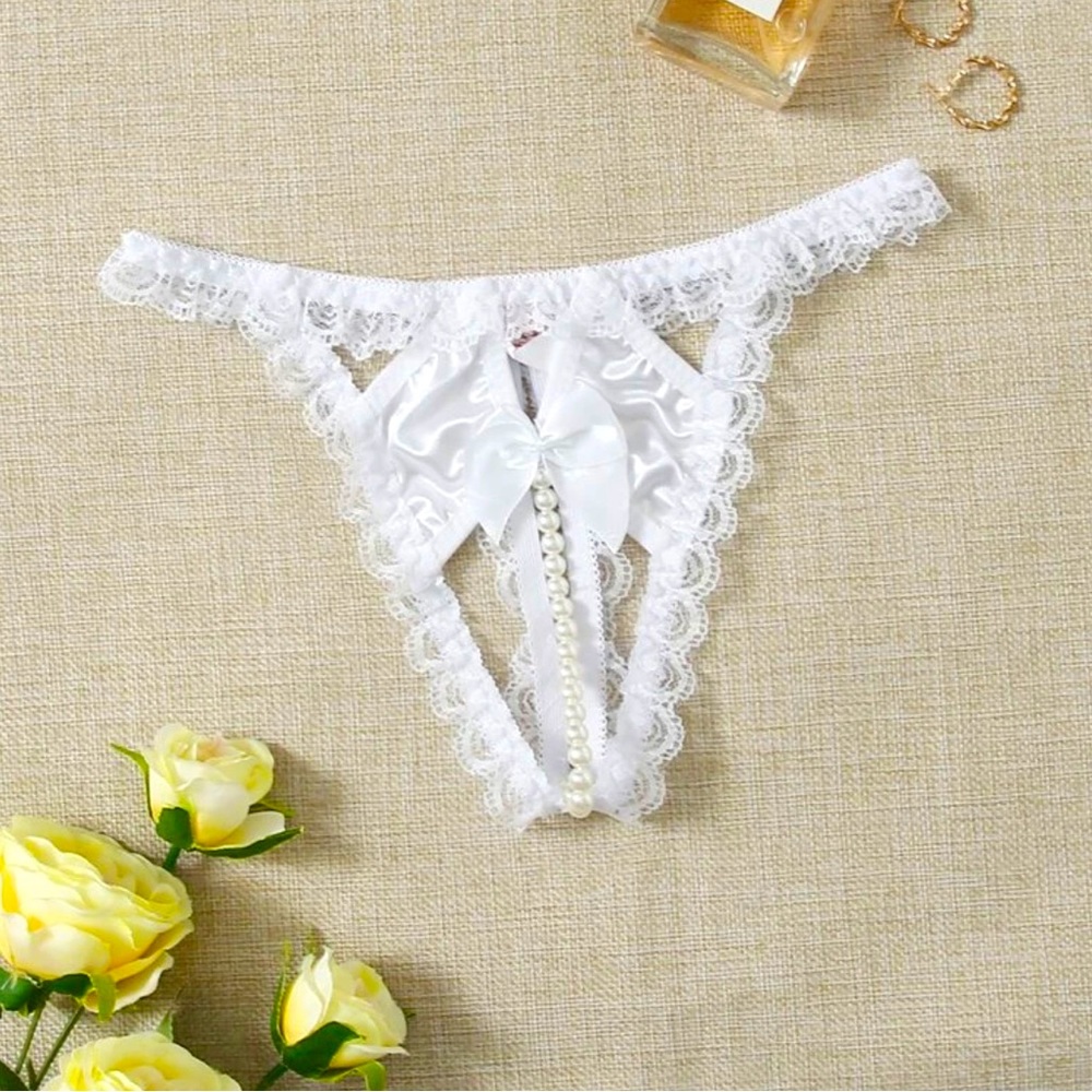 Snow White Satin Pearl Beaded Thong Lace Honeymoon Panties + Fishnet & Gift